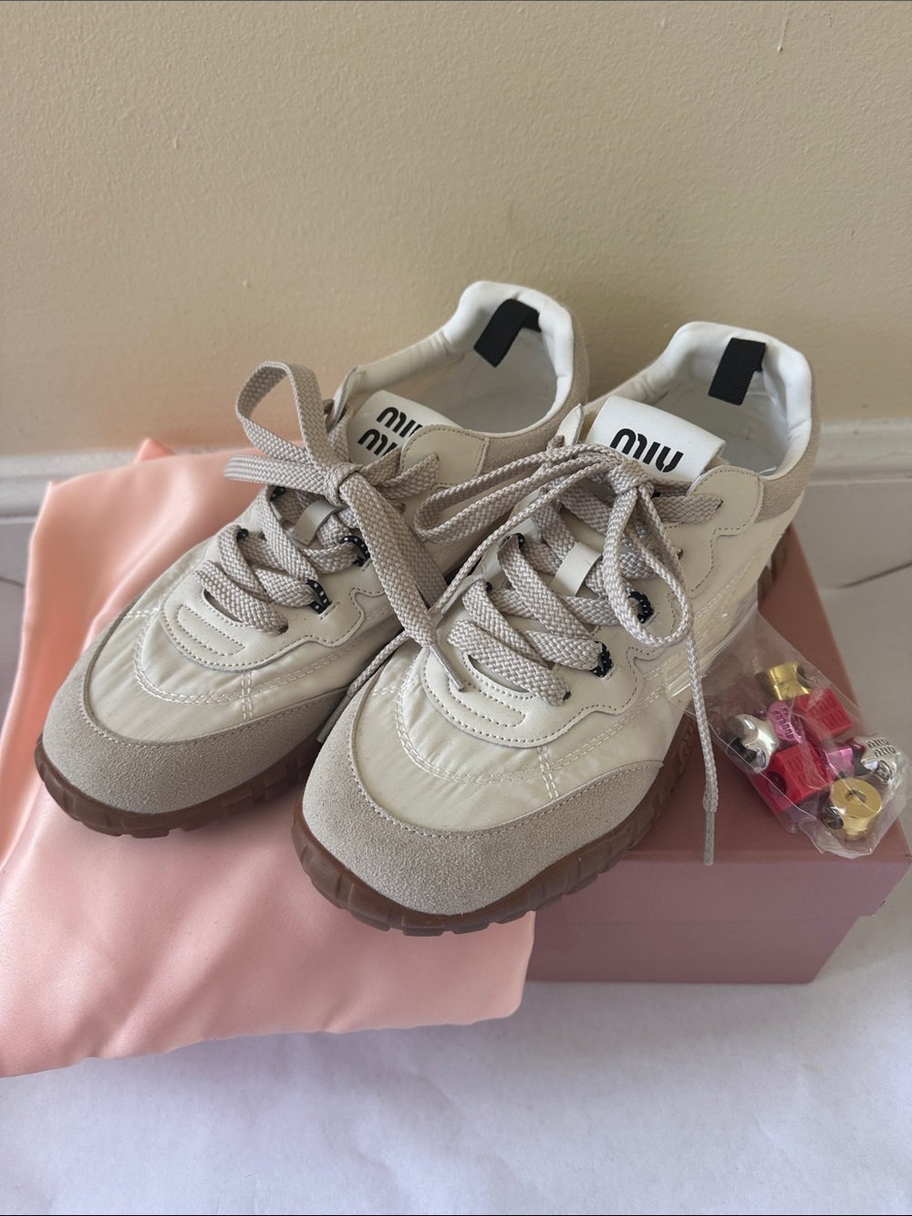 “Miu Miu Tyre” Beige and Gum-Tone Sneakers